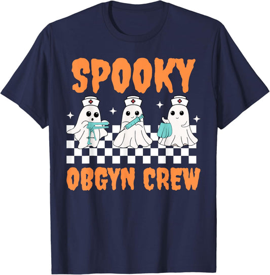 Retro Spooky OBGYN Crew Ghost Obstetrics Nurse Halloween T-Shirt - T-Shirt | Navy