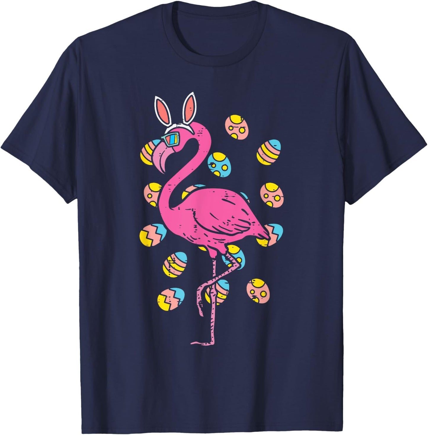 Flamingo Bunny Ears Glasses Eggs Easter Bird Animal Women T-Shirt - T-Shirt | Navy