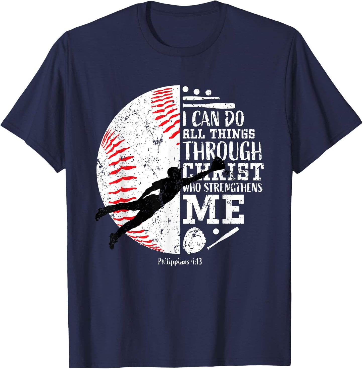 Boys Baseball Gifts Kids Teens Team Christian Bible Verse T-Shirt - T-Shirt | Navy