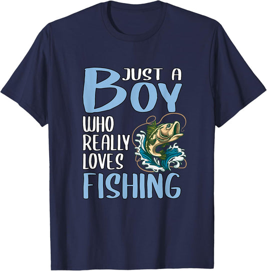 Fishing Gift Just A Boy Who Really Loves Fishing T-Shirt - T-Shirt | Navy