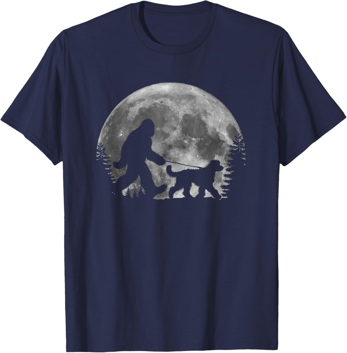 Bigfoot Walking a Dog Funny Sheepadoodle Moon Halloween T-Shirt - T-Shirt | Navy