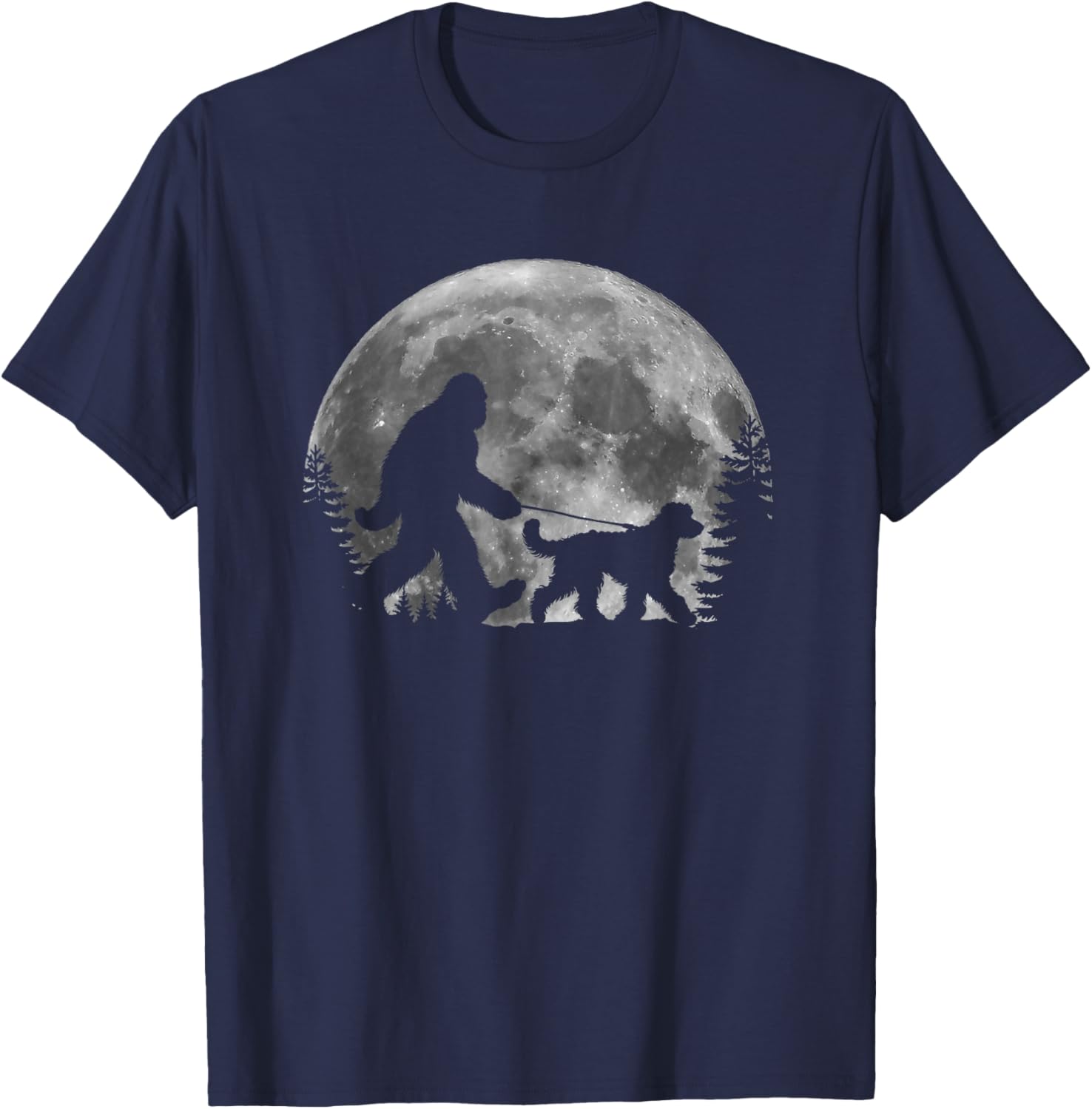 Bigfoot Walking a Dog Funny Sheepadoodle Moon Halloween T-Shirt - T-Shirt | Navy
