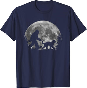 Bigfoot Walking a Dog Funny Sheepadoodle Moon Halloween T-Shirt - T-Shirt | Navy