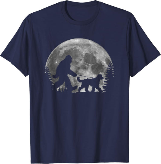 Bigfoot Walking a Dog Funny Sheepadoodle Moon Halloween T-Shirt - T-Shirt | Navy