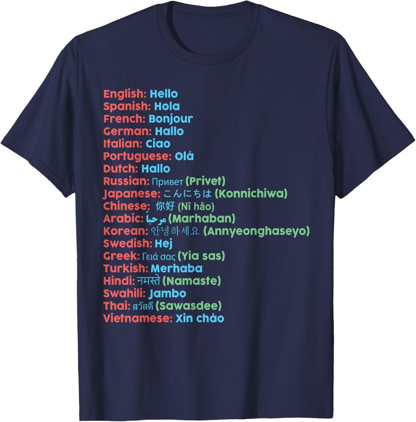 Hello Word in Different Languages Travel - - Black - Small - Short Sleeve T-Shirt - T-Shirt | Navy