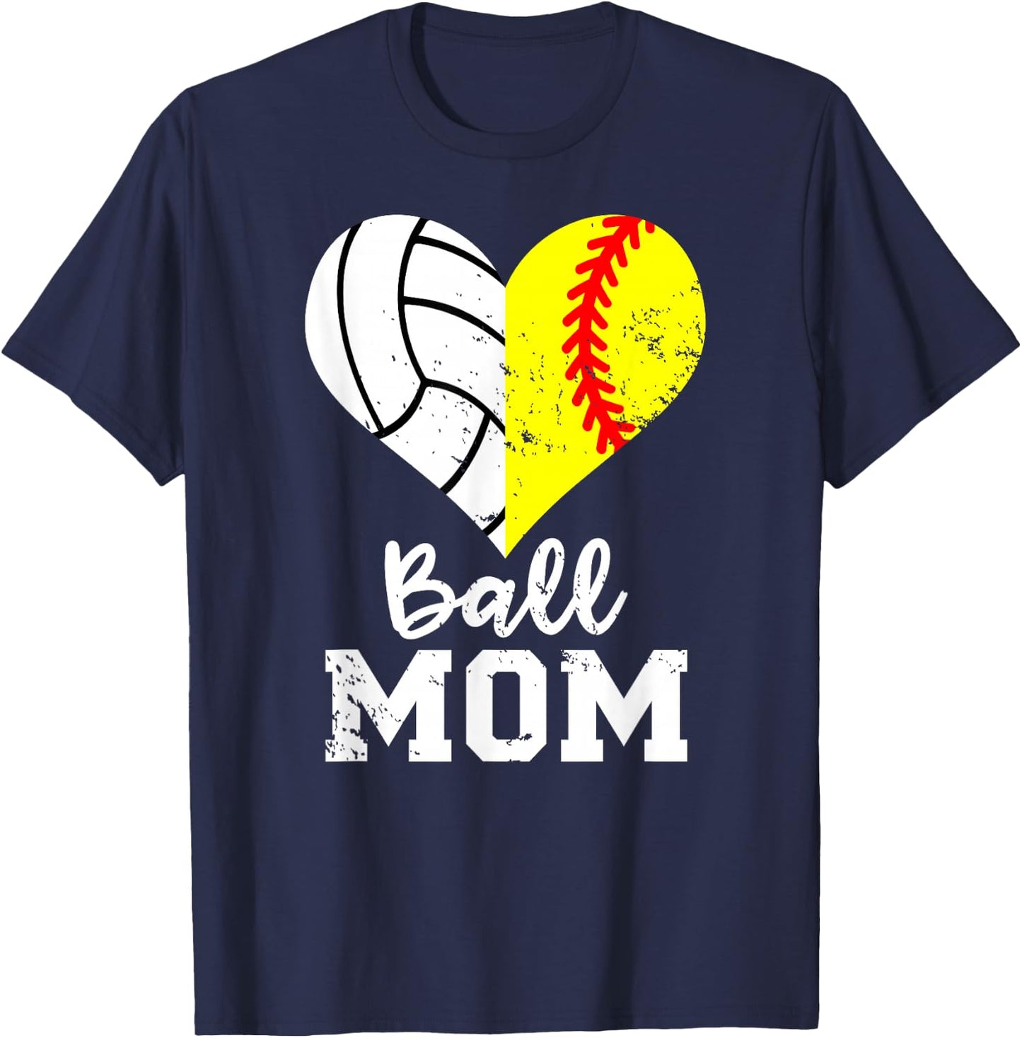 Ball Mom Heart Funny Softball Volleyball Mom T-Shirt - T-Shirt | Navy