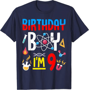 9th Birthday Boy Girls Science Theme 9 Year Old Funny B-Day T-Shirt - T-Shirt | Navy