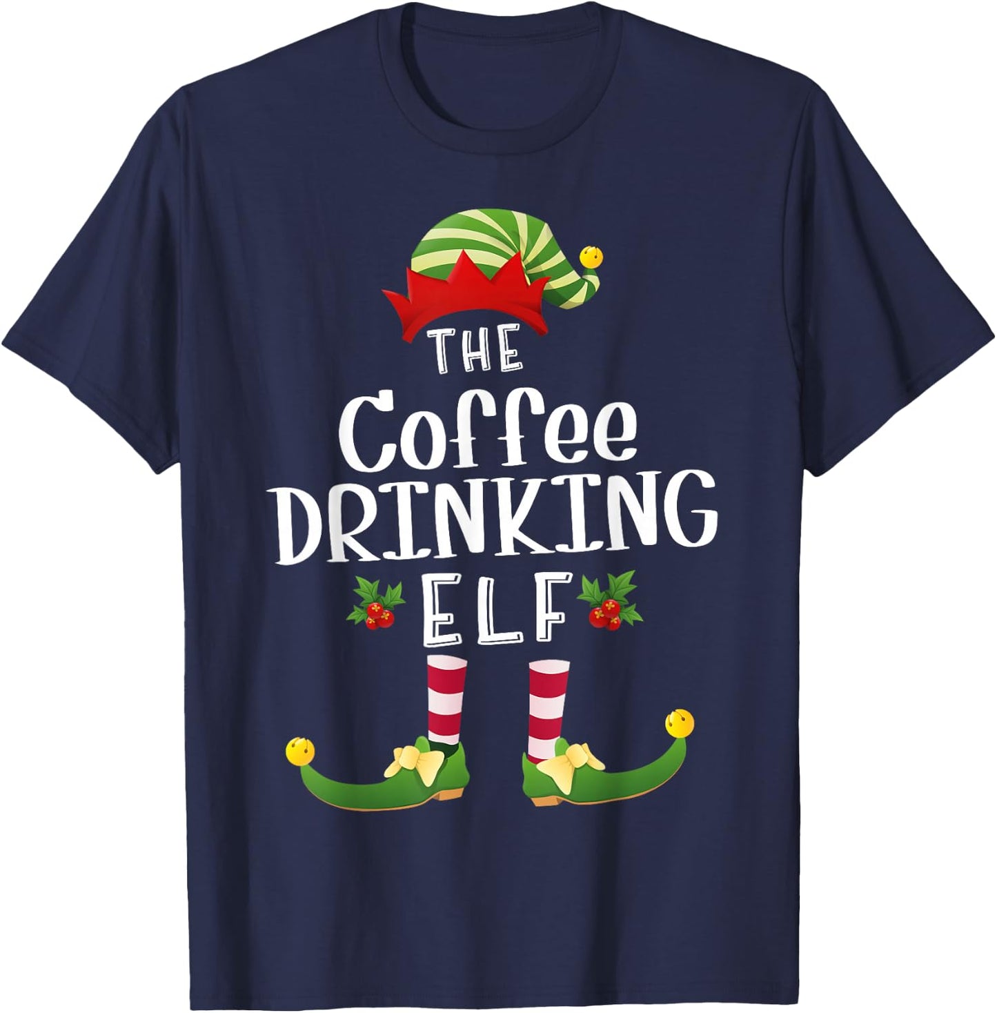 Coffee Drinking Christmas Elf Matching Pajama X-Mas Party T-Shirt - T-Shirt | Navy
