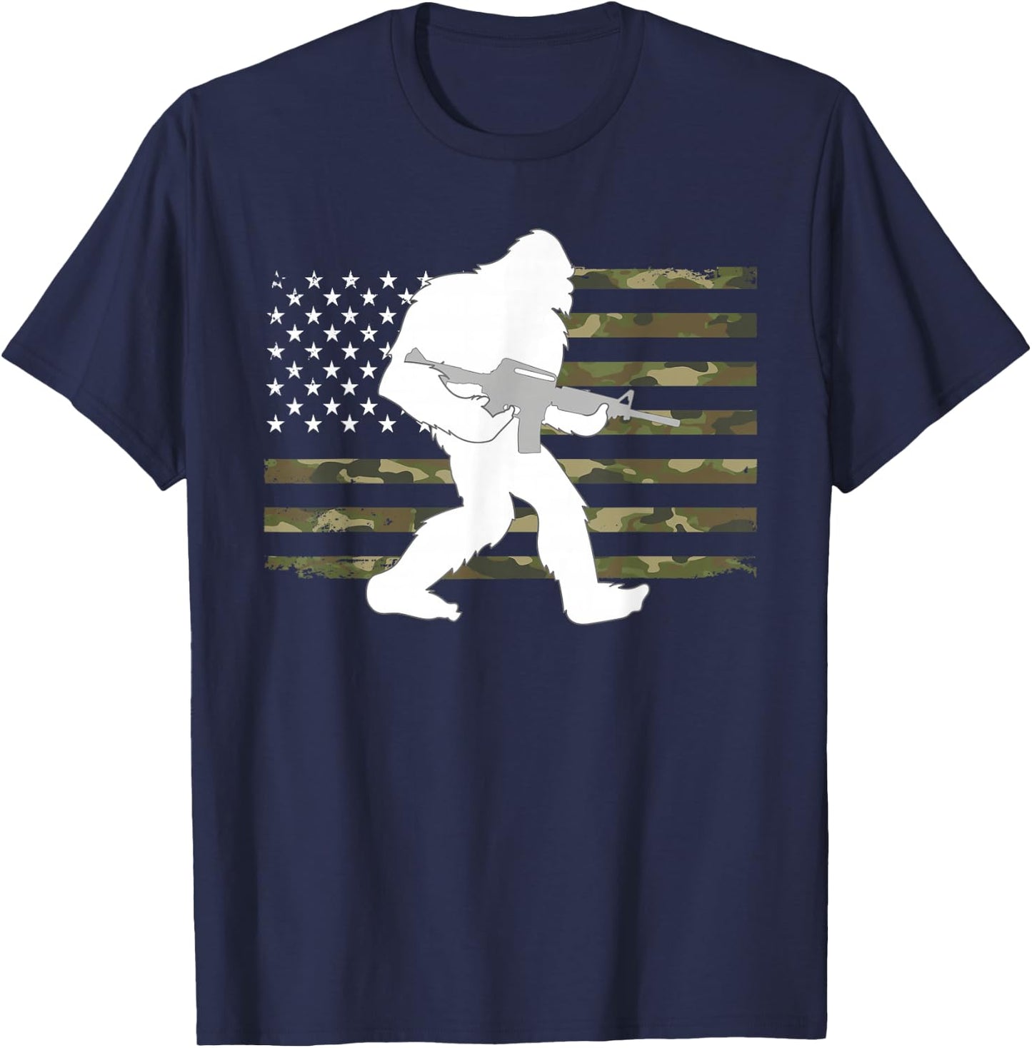 Bigfoot Gun Owner Camo US American Flag Sasquatch AR15 Rifle T-Shirt - T-Shirt | Navy