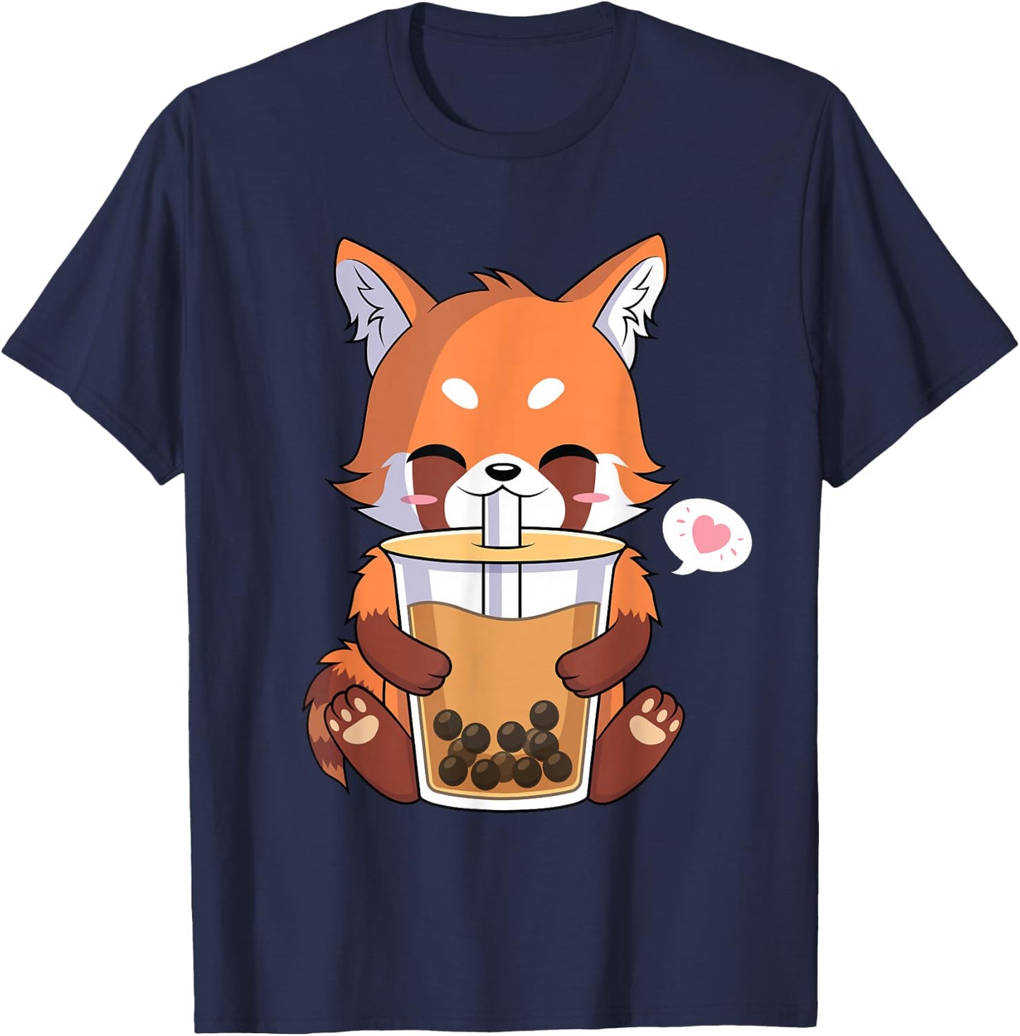 Kawaii Anime Red Panda Drinking Boba Bubble Tea T-Shirt - T-Shirt | Navy