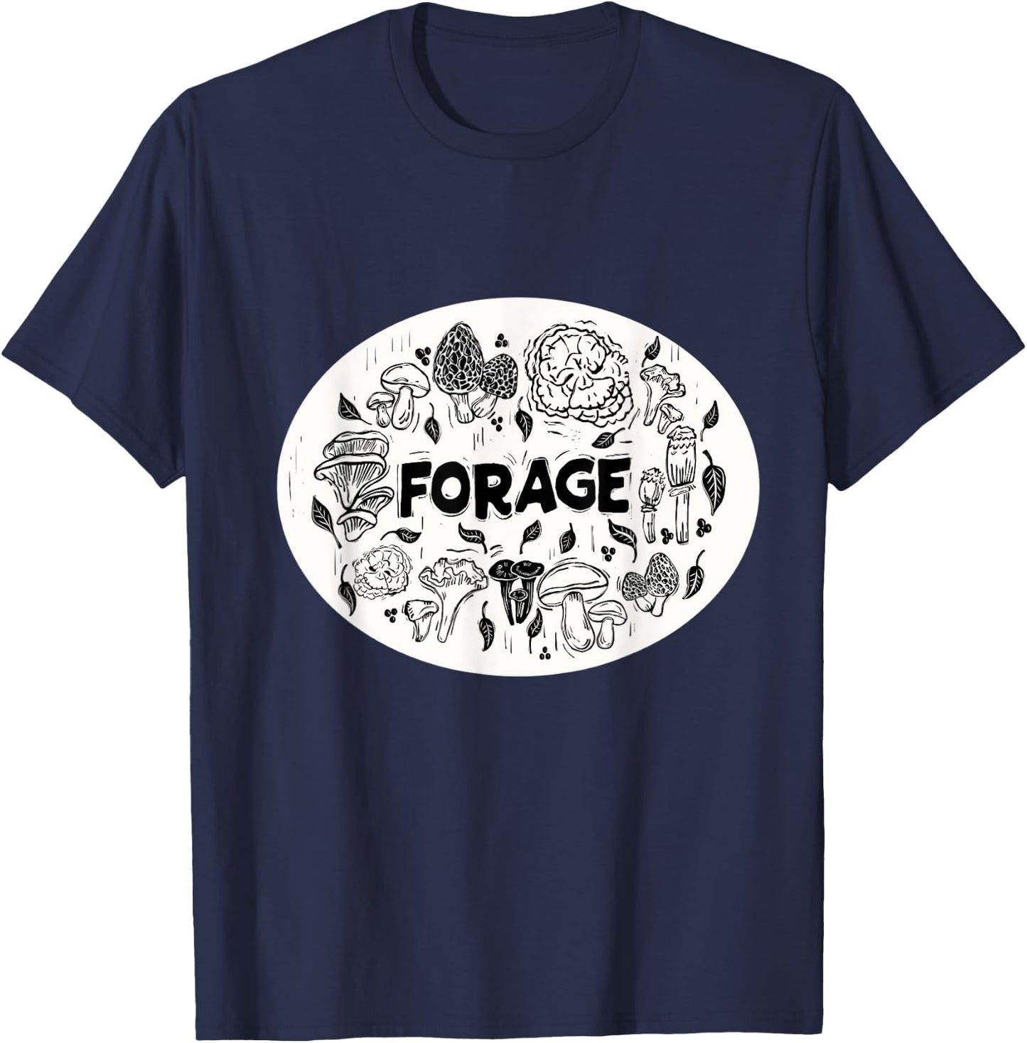 FORAGE ~ Mushroom Foraging ~ Chanterelle Morel ~ Linocut T-Shirt - T-Shirt | Navy