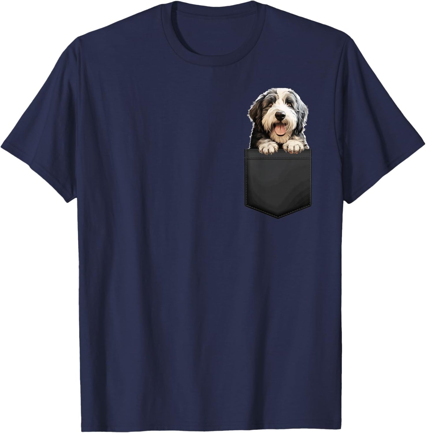 Dog Old English Sheepdog Puppy Dog In Pocket Cute Pet Lover T-Shirt - T-Shirt | Navy