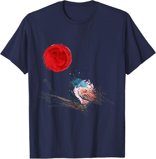 Murakami Birding Retro Colorful Bird Matching Red Moon Style T-Shirt - T-Shirt | Navy