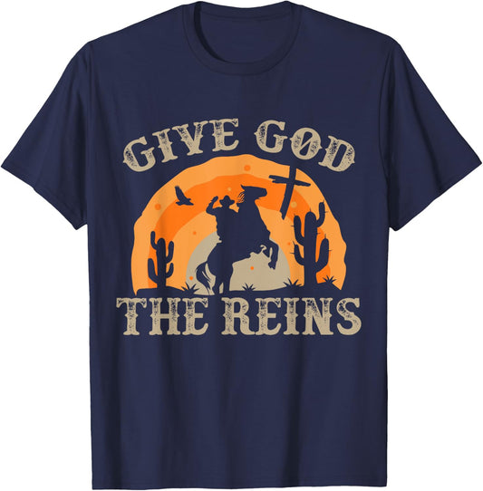 Give God The Reins Cowboy Retro for Christian T-Shirt - T-Shirt | Navy