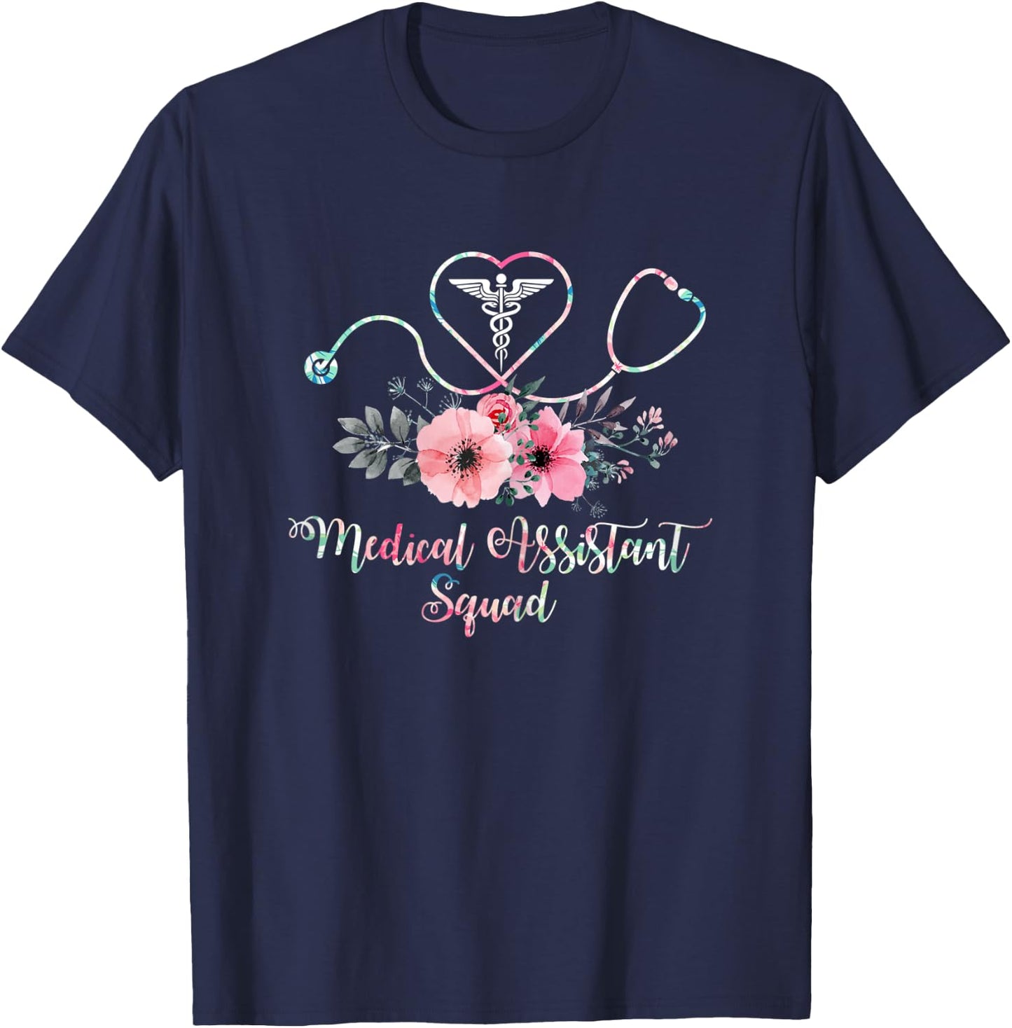 Cute Medical Assistant Squad Costume Stethoscope Floral T-Shirt - T-Shirt | Navy