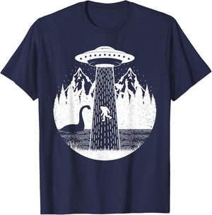 Bigfoot Ufo Abduction Funny Sasquatch Loch Ness Monster T-Shirt - T-Shirt | Navy