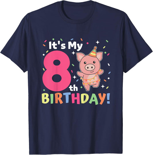 Kids 8th Birthday Pig For Children Eight Years Old T-Shirt - T-Shirt | Navy