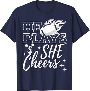 He Plays She Cheers High School Football Player Cheerleader T-Shirt - T-Shirt | Navy