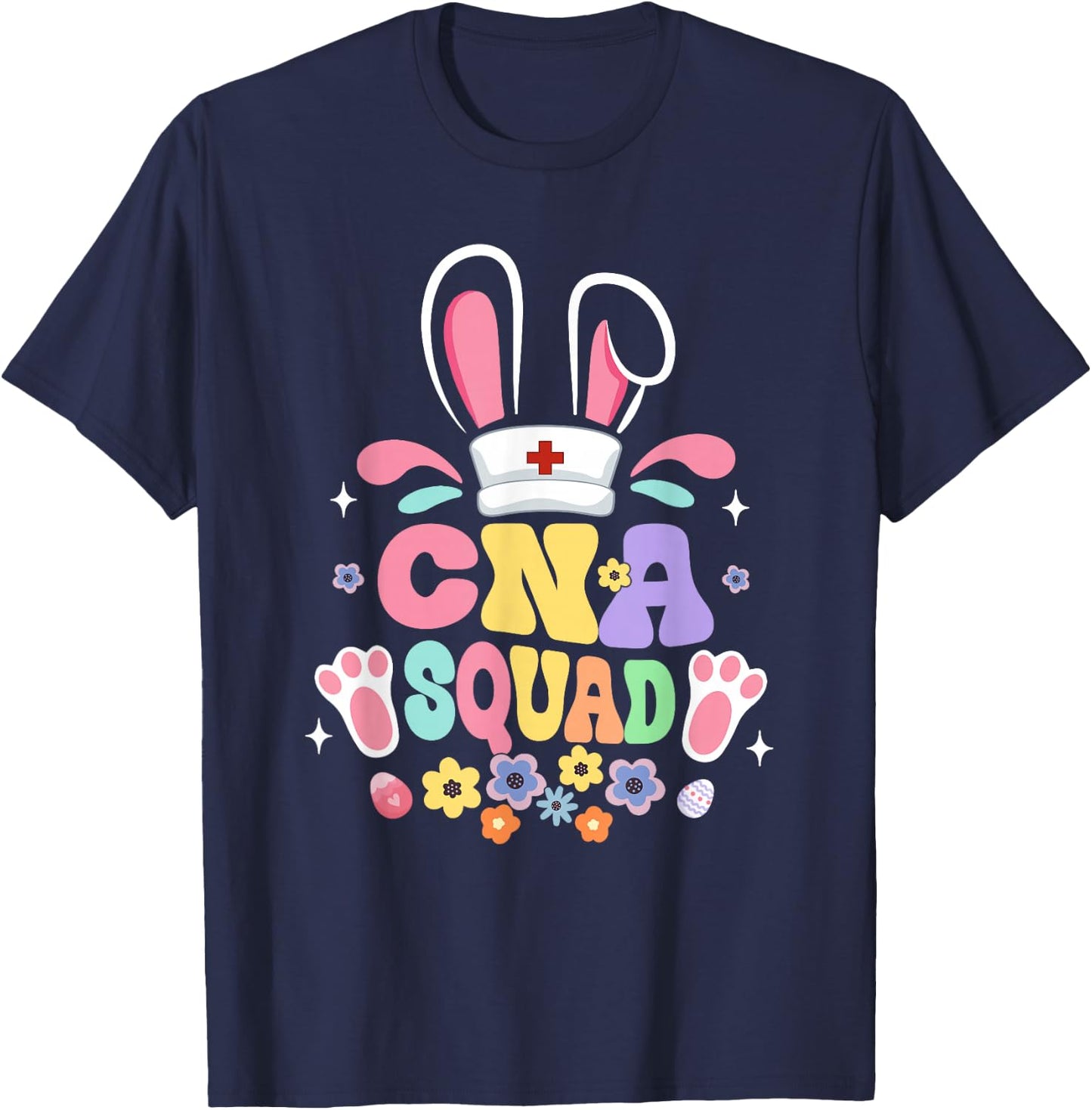 Retro Groovy CNA Squad Bunny Ear Flower Easter T-Shirt - T-Shirt | Navy