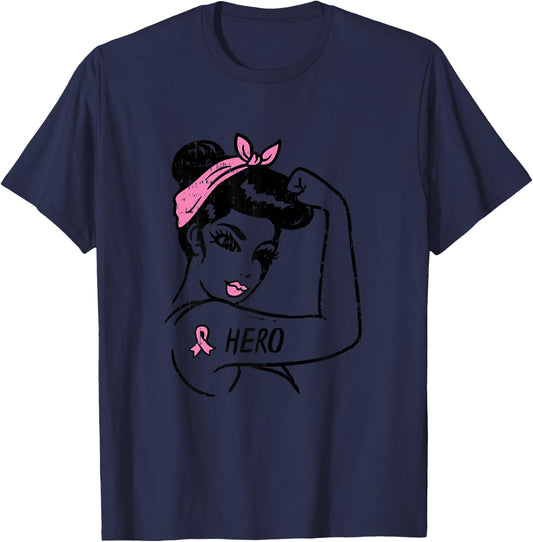 Rosie Riveter Hero Pink Ribbon Breast Cancer Awareness Women T-Shirt - T-Shirt | Navy