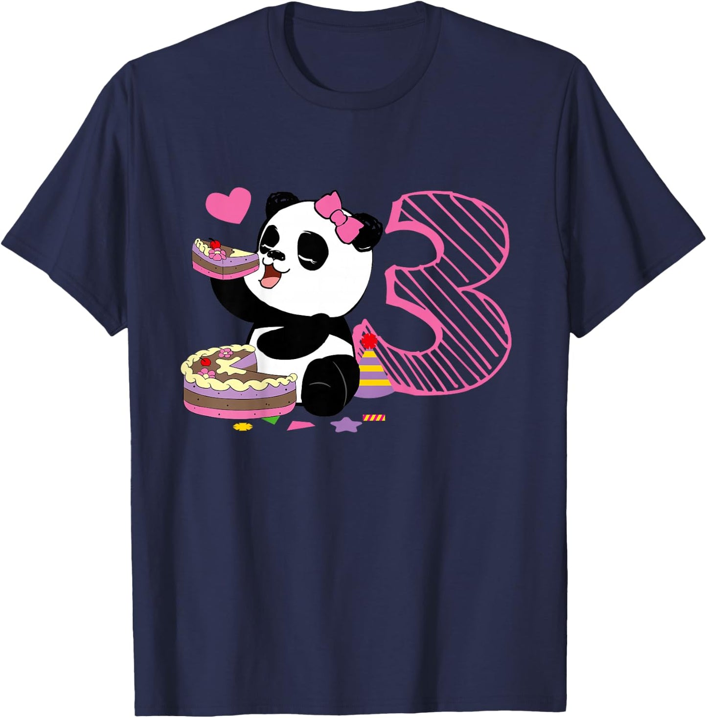 Kids Cute Panda 3 Years Old Girls Birthday Party T-Shirt - T-Shirt | Navy