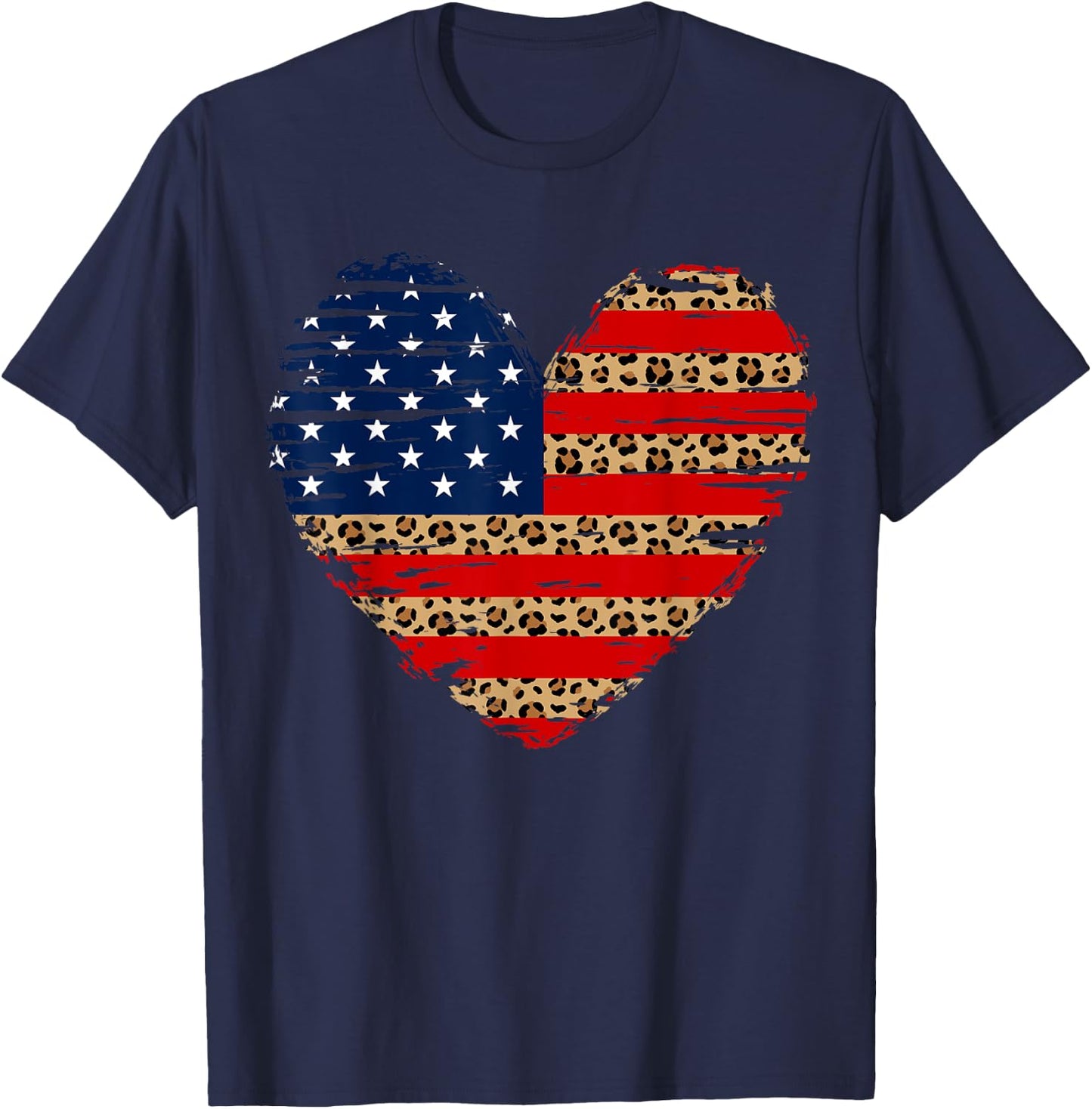 American Flag Heart 4th of July Leopard Print USA Patriotic T-Shirt - T-Shirt | Navy