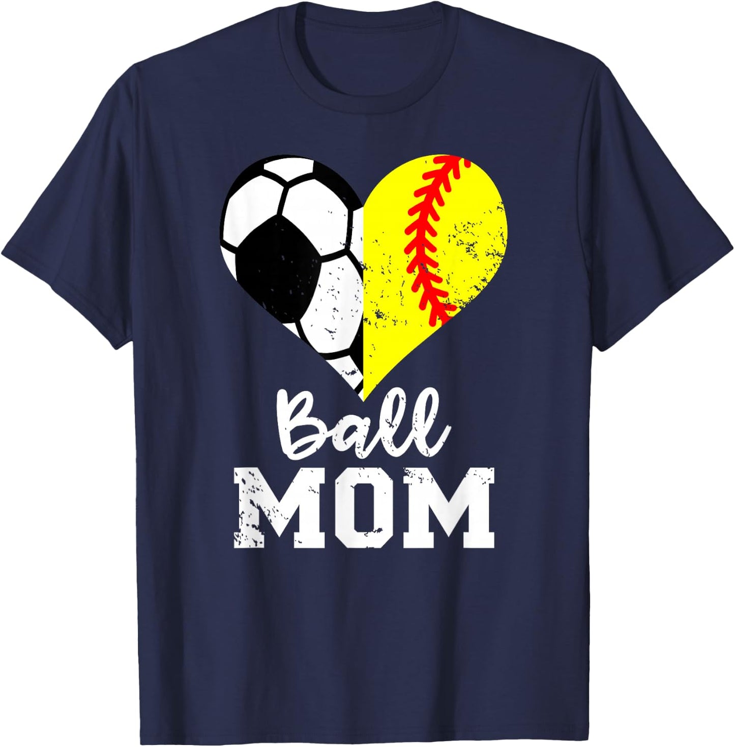 Ball Mom Heart Funny Softball Soccer Mom T-Shirt - T-Shirt | Navy