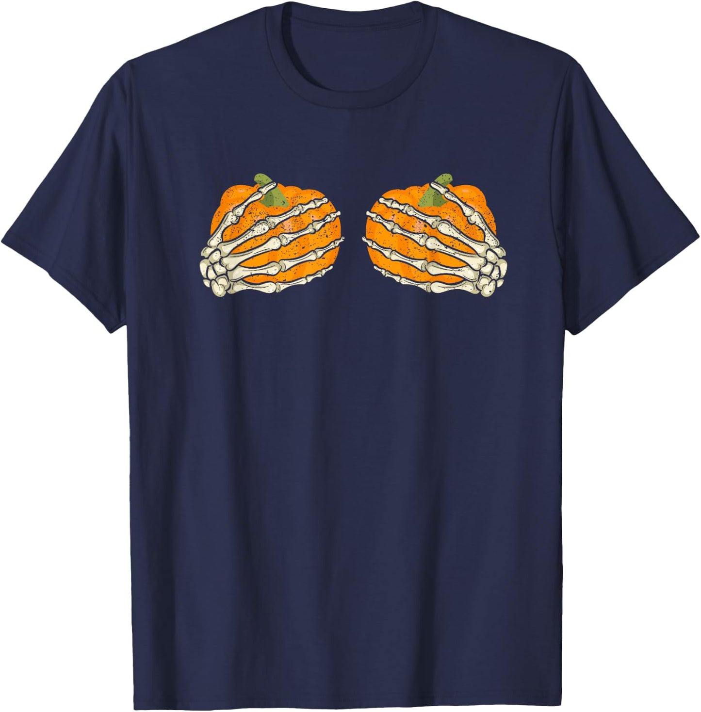 Skeleton Pumpkin Boob Hand Funny Halloween Skeletal Boobs T-Shirt - T-Shirt | Navy