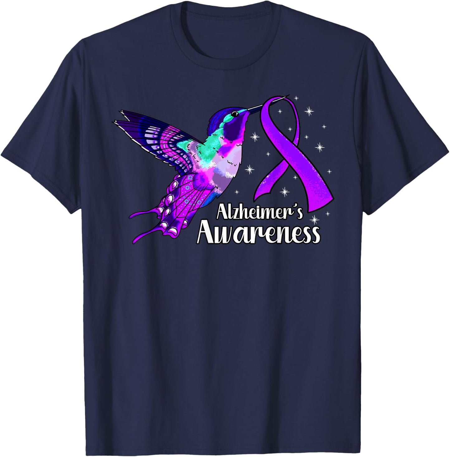 Alzheimer's Disease AD Hummingbird Purple Awareness Ribbon T-Shirt - T-Shirt | Navy