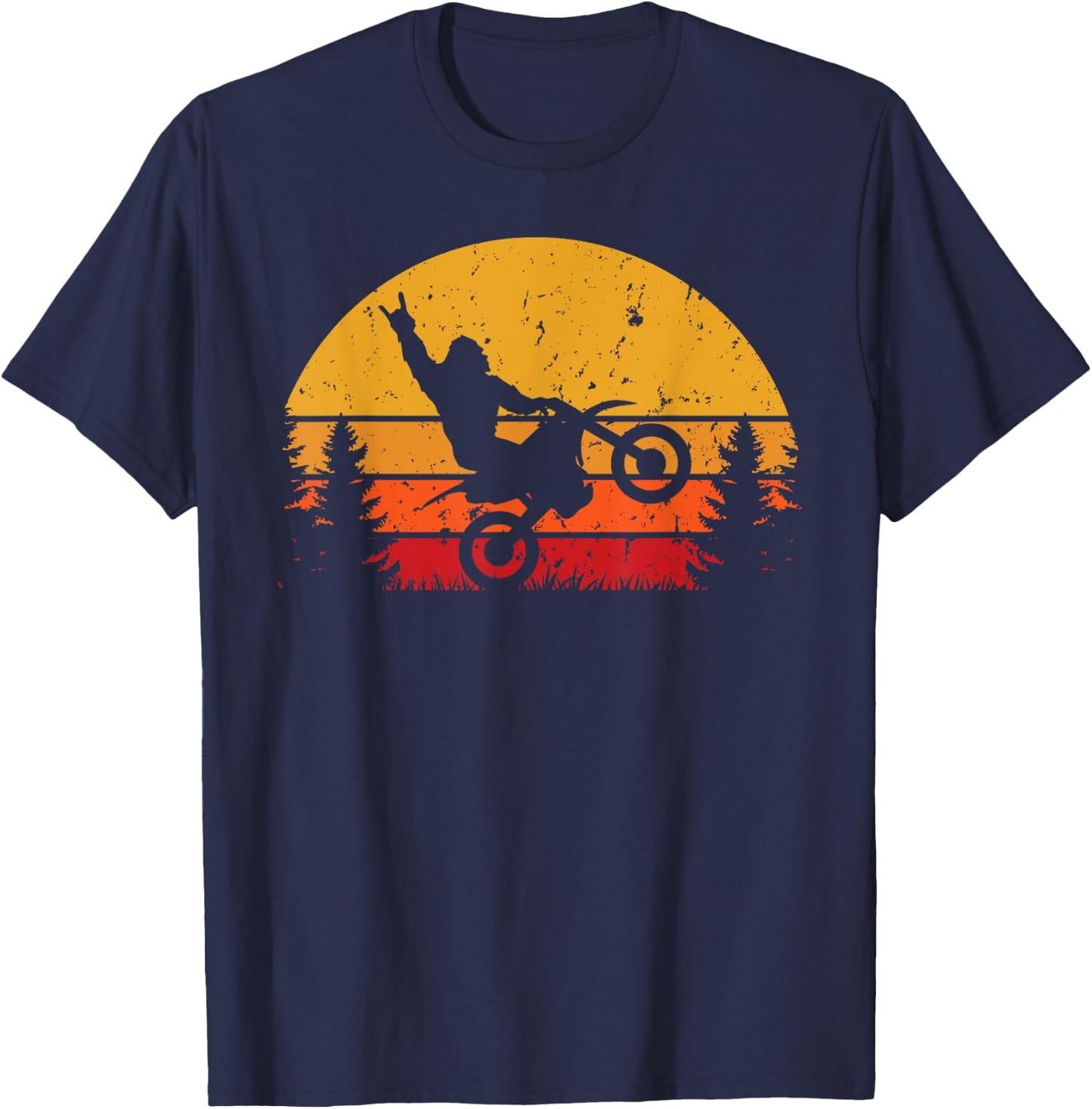 Funny Bigfoot Sasquatch Retro Sunset Riding Dirt Bike T-Shirt - T-Shirt | Navy