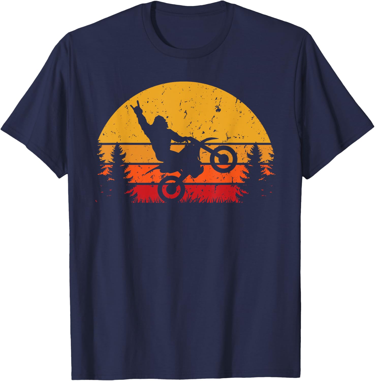 Funny Bigfoot Sasquatch Retro Sunset Riding Dirt Bike T-Shirt - T-Shirt | Navy