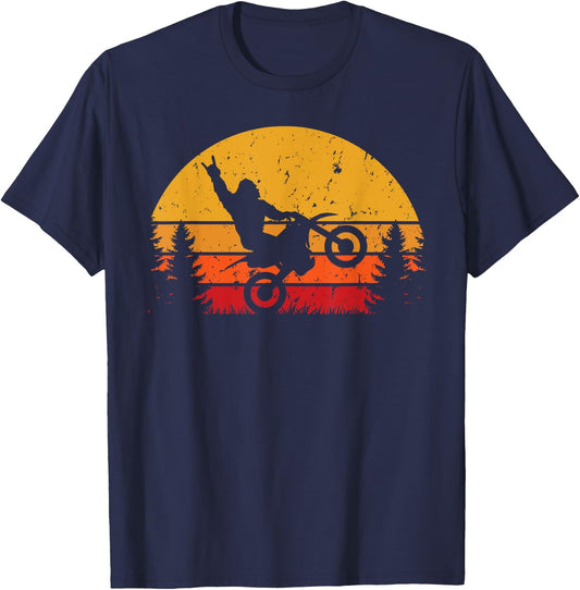 Funny Bigfoot Sasquatch Retro Sunset Riding Dirt Bike T-Shirt - T-Shirt | Navy