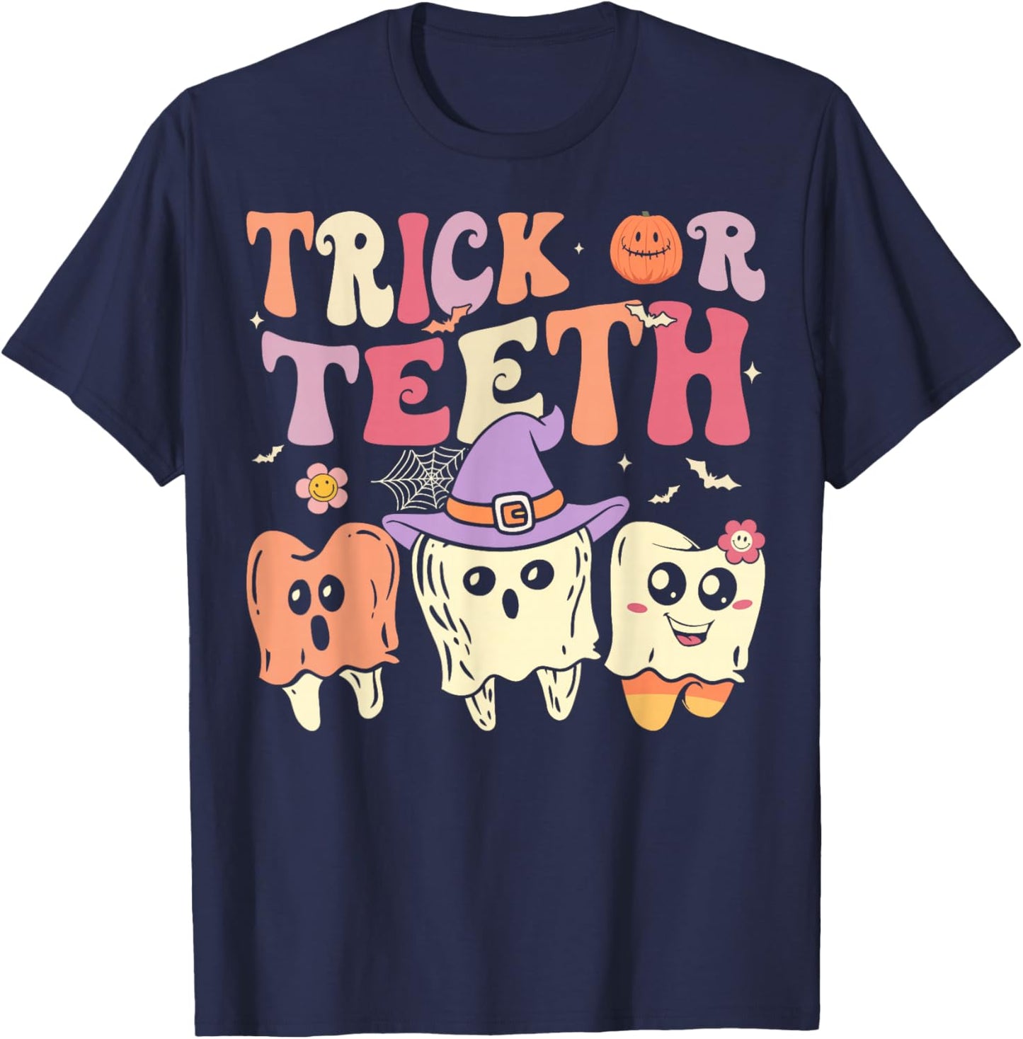 Groovy Dental Halloween Retro Trick or Teeth Floral Ghost T-Shirt - T-Shirt | Navy