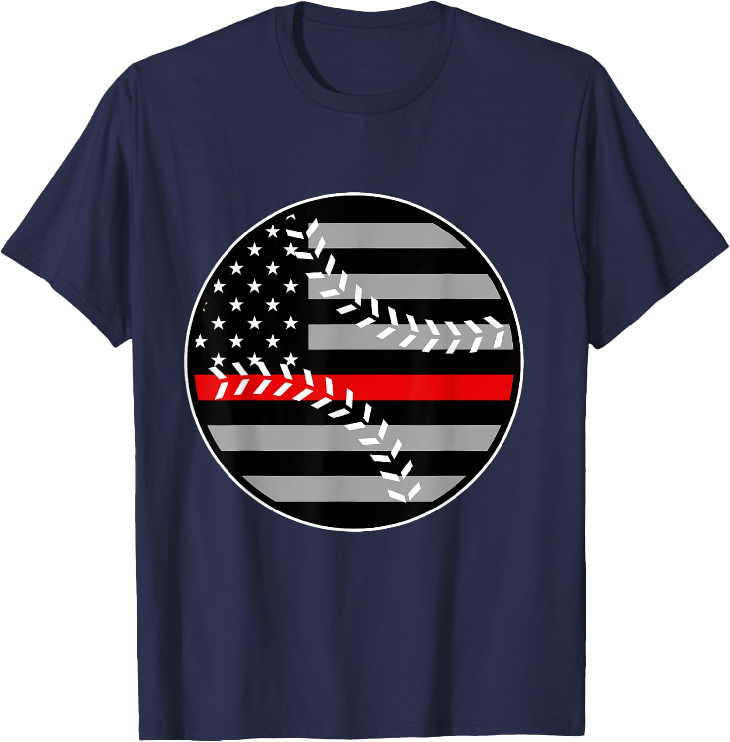 American Flag Red Line Baseball Patriotic Firefighter T-Shirt - T-Shirt | Navy