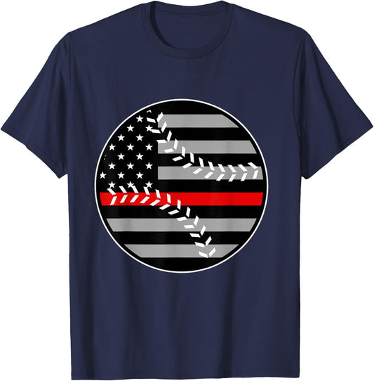 American Flag Red Line Baseball Patriotic Firefighter T-Shirt - T-Shirt | Navy
