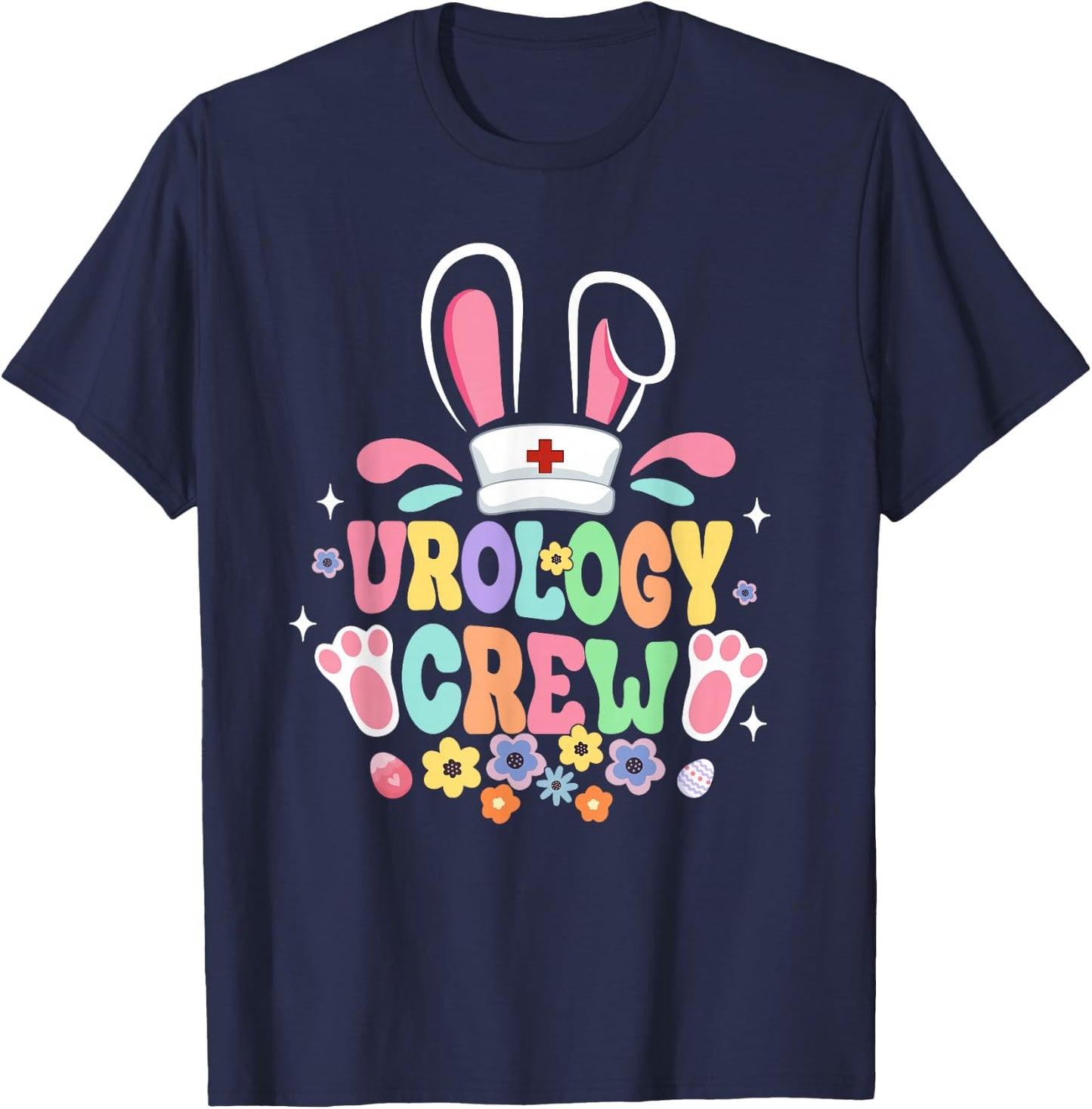 Groovy Urology Crew Urology Nurse Bunny Ear Flower Easter T-Shirt - T-Shirt | Navy