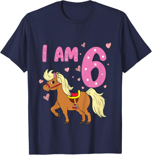 Pony Girl 6th Birthday Horse 6 Years Old Girls Pony Birthday T-Shirt - T-Shirt | Navy