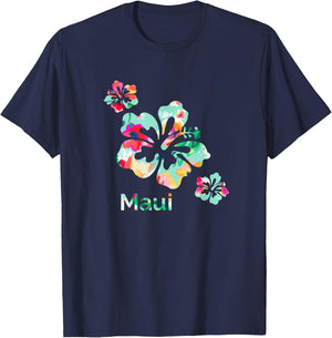 Maui T Shirt Hawaii Islands Hawaiian Hibiscus Flowers Surfer T-Shirt - T-Shirt | Navy