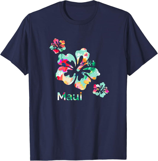 Maui T Shirt Hawaii Islands Hawaiian Hibiscus Flowers Surfer T-Shirt - T-Shirt | Navy