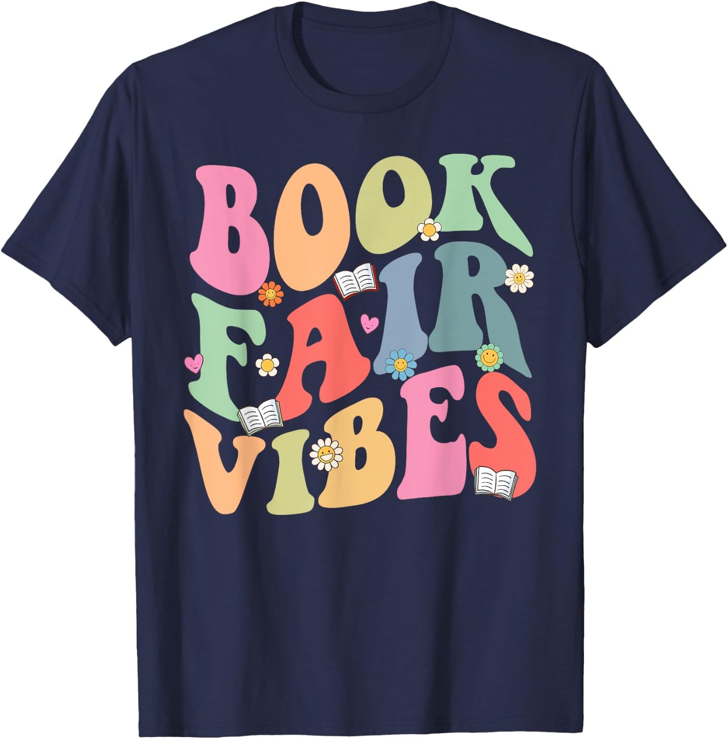 Library Book Fair Vibe Groovy Retro School Reading Nostalgic T-Shirt - T-Shirt | Navy