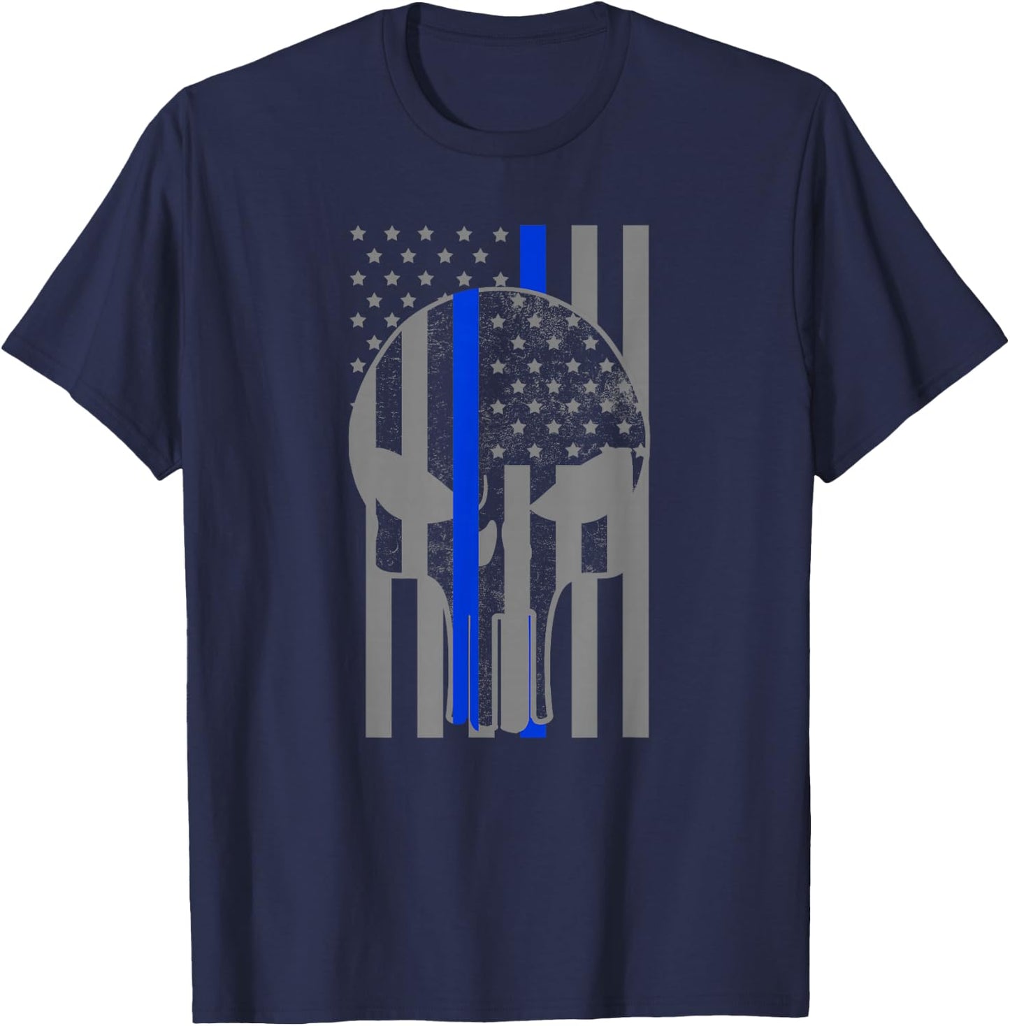 Grey American Flag Skull Thin Blue Line Police Officer Gift T-Shirt - T-Shirt | Navy