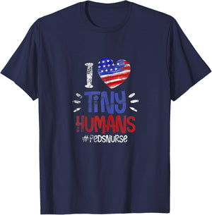 Peds Pediatric Nurse I Love Tiny Human USA Flag 4th of July T-Shirt - T-Shirt | Navy