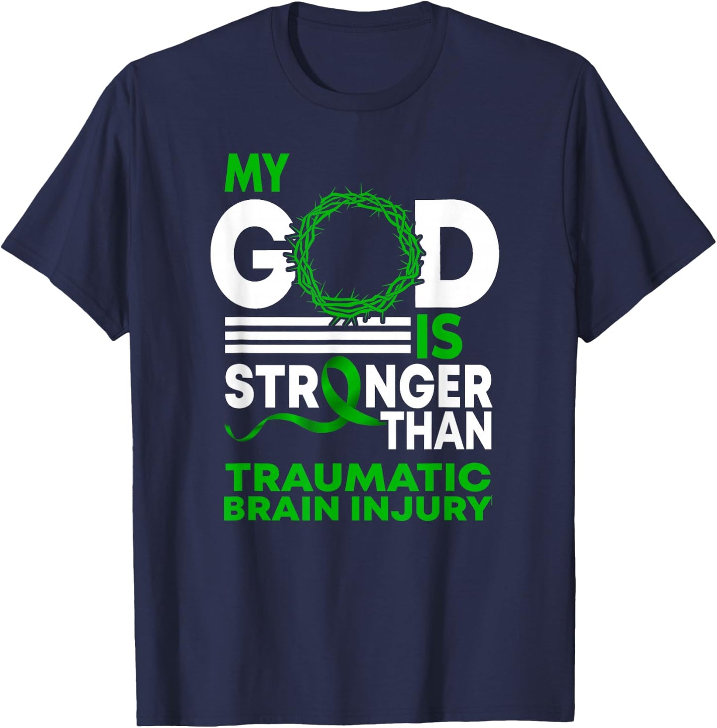 My God Stronger Than Traumatic Brain Injury Awareness Ribbon T-Shirt - T-Shirt | Navy