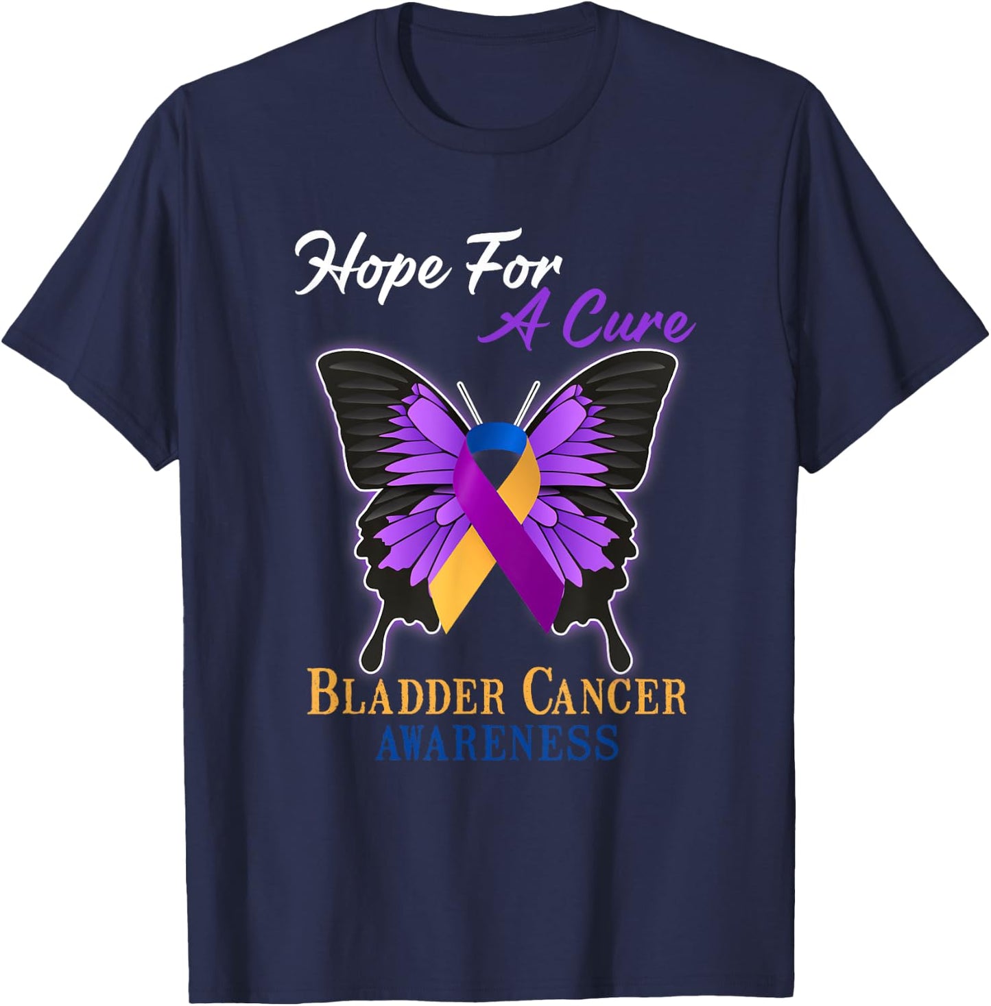 Hope For A Cure Bladder Cancer Awareness Ribbon Butterfly T-Shirt - T-Shirt | Navy
