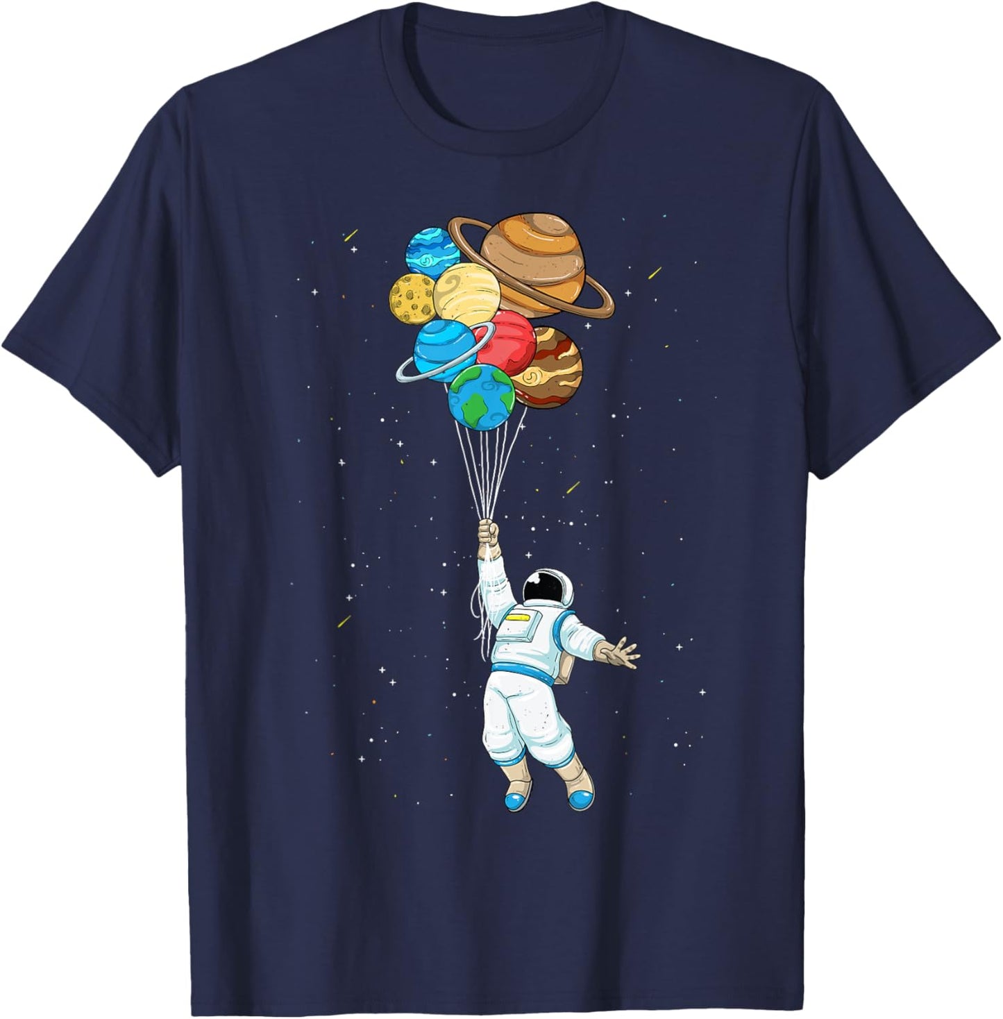 Space Shirt Astronaut Holding Planet Balloons Solar System T-Shirt - T-Shirt | Navy