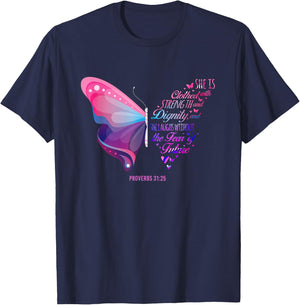 Christian Bible Verse Proverbs 31:25 Butterfly T-Shirt - T-Shirt | Navy