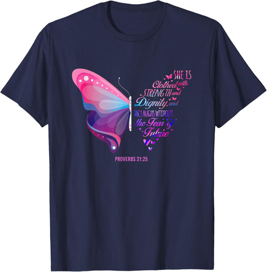 Christian Bible Verse Proverbs 31:25 Butterfly T-Shirt - T-Shirt | Navy