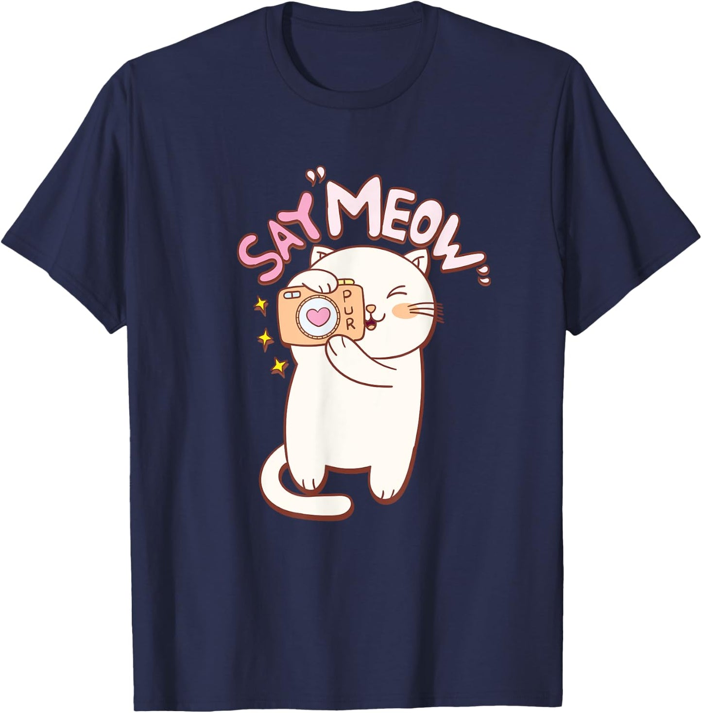 Cute Cat with Camera Saying Meow T-Shirt - T-Shirt | Navy