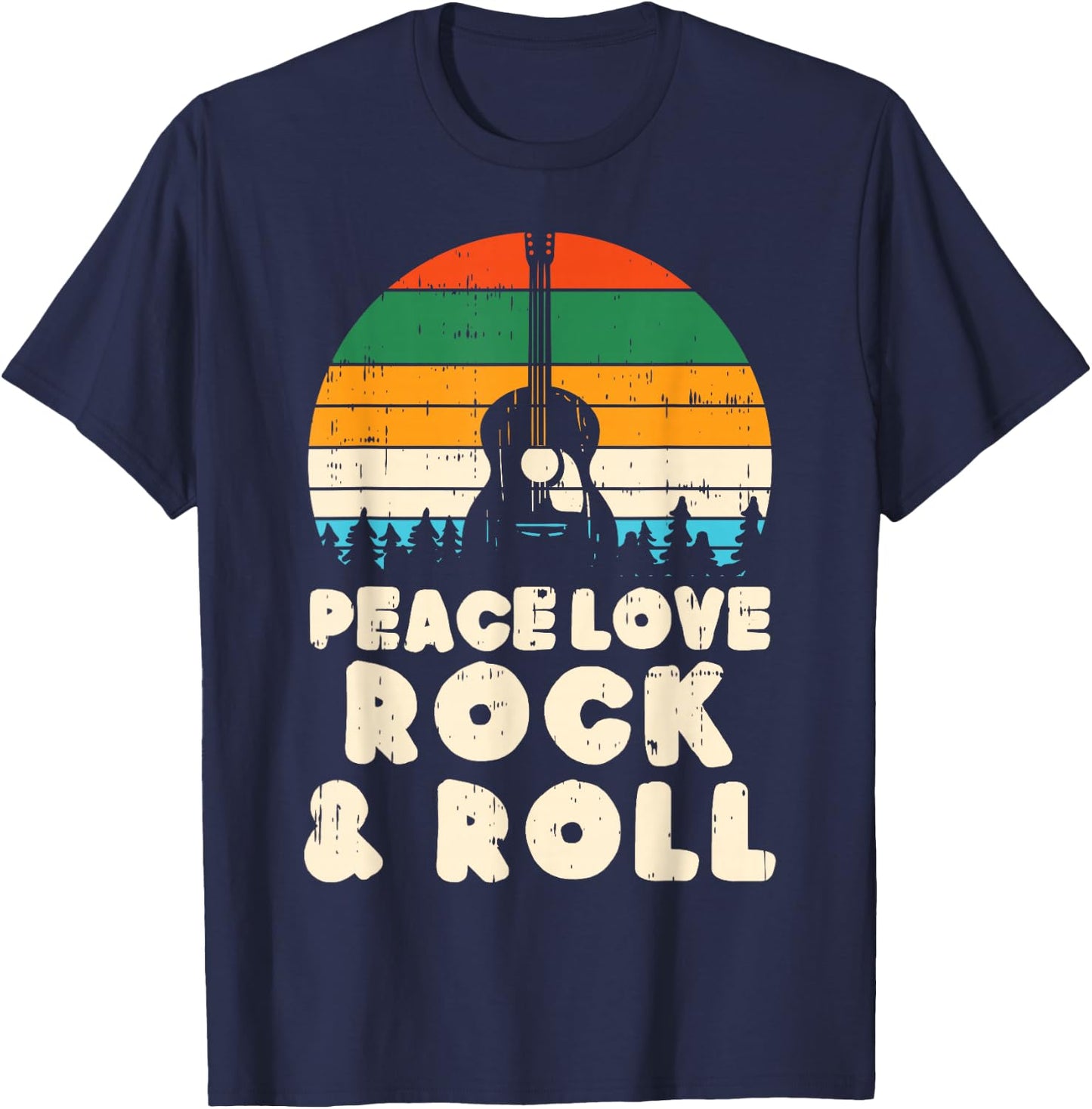 Peace Love Rock N Roll Guitar Retro 80s Hippie Hippi Hippy T-Shirt - T-Shirt | Navy