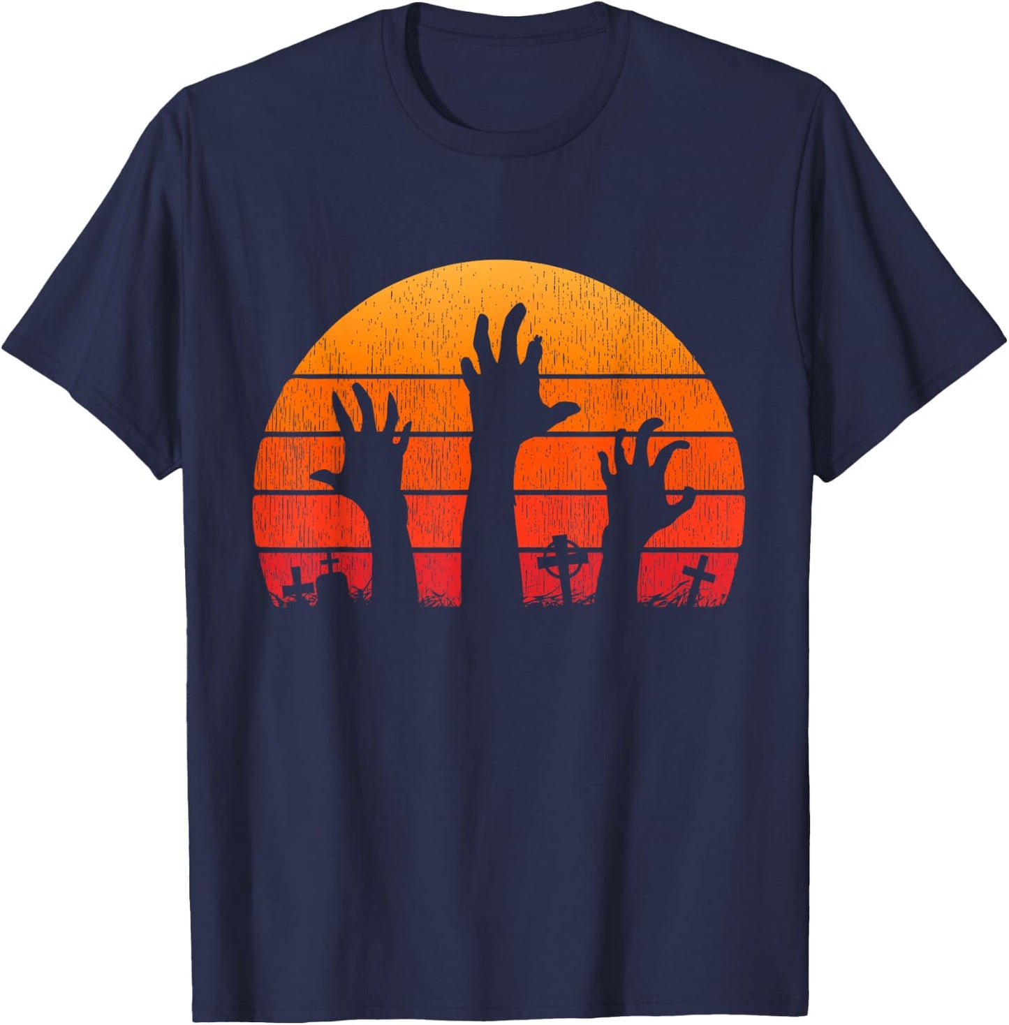 Zombie Hand Scary Costume Halloween Vintage Retro Sunset 80s T-Shirt - T-Shirt | Navy
